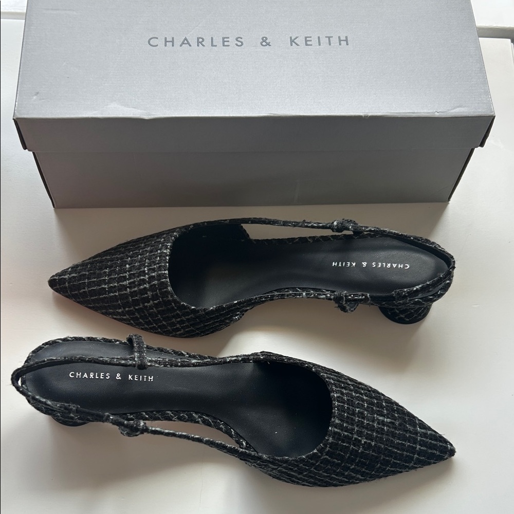 Charles & Keith Black Textured Slingback Kitten Heels, Size 9